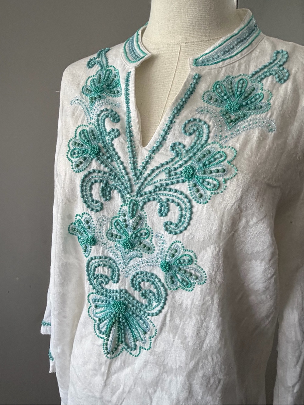 Charter Club White Tunic with Aqua Bead Embroidery